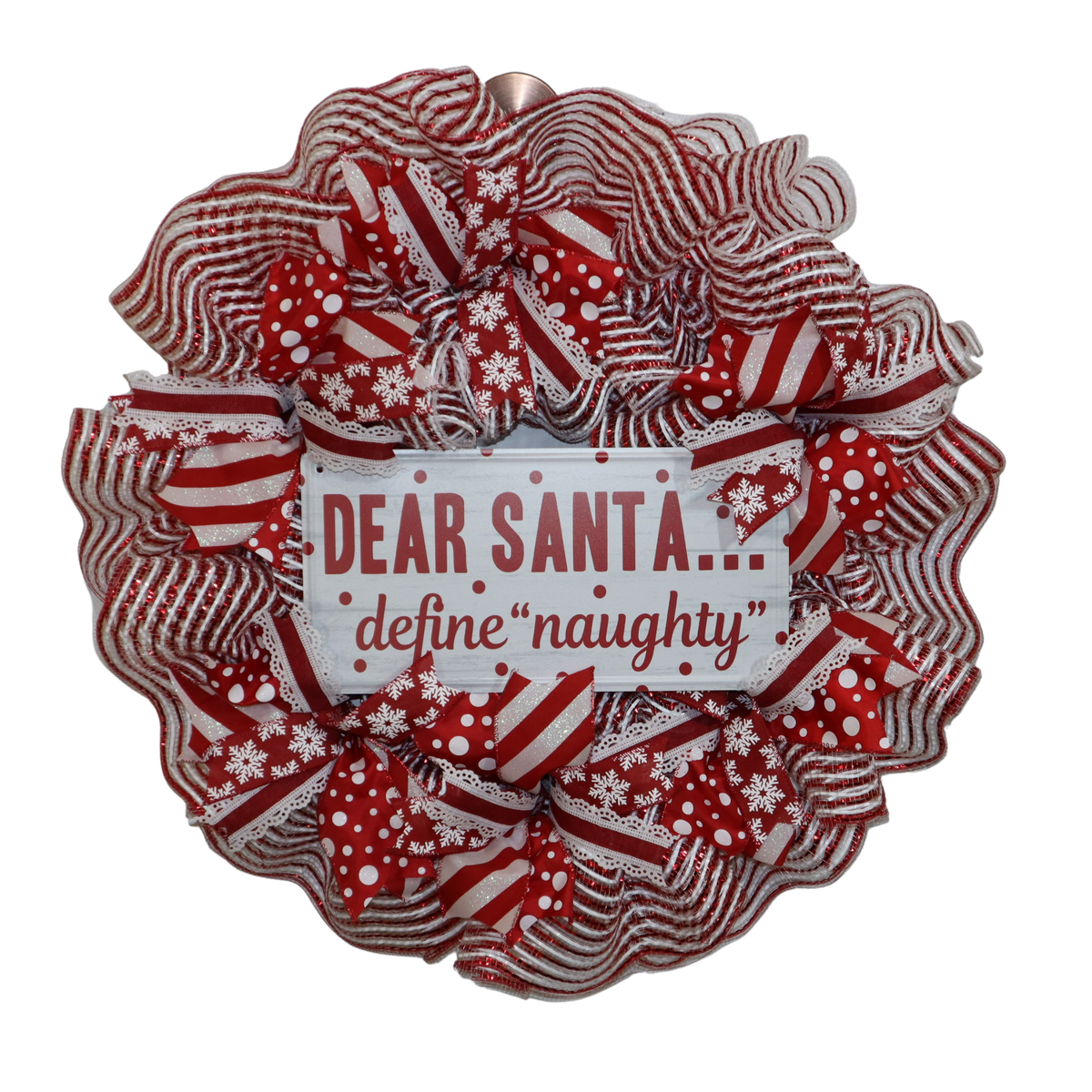 Red and white snowflake Christmas mesh wreath with festive wired ribbon