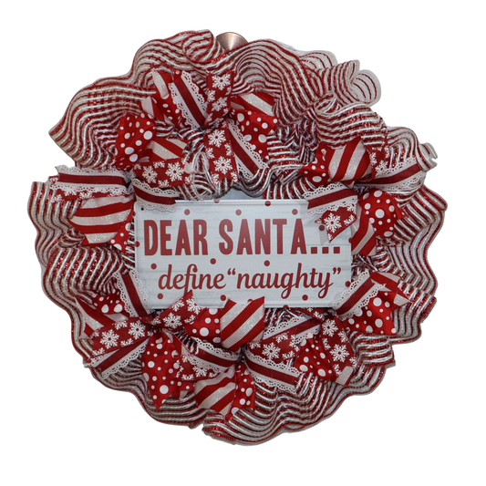 Red and white snowflake Christmas mesh wreath with festive wired ribbon