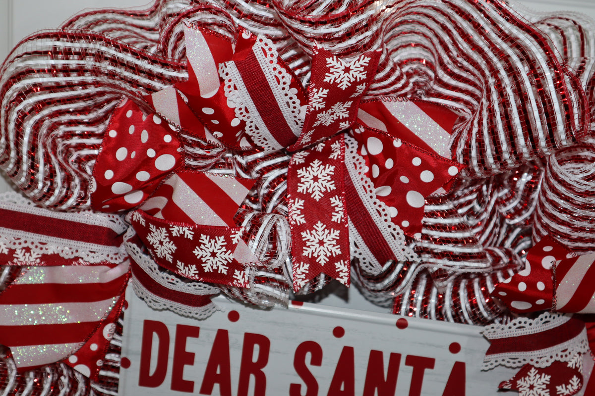 Snowflake polka dot and striped wired ribbon on Christmas wreath